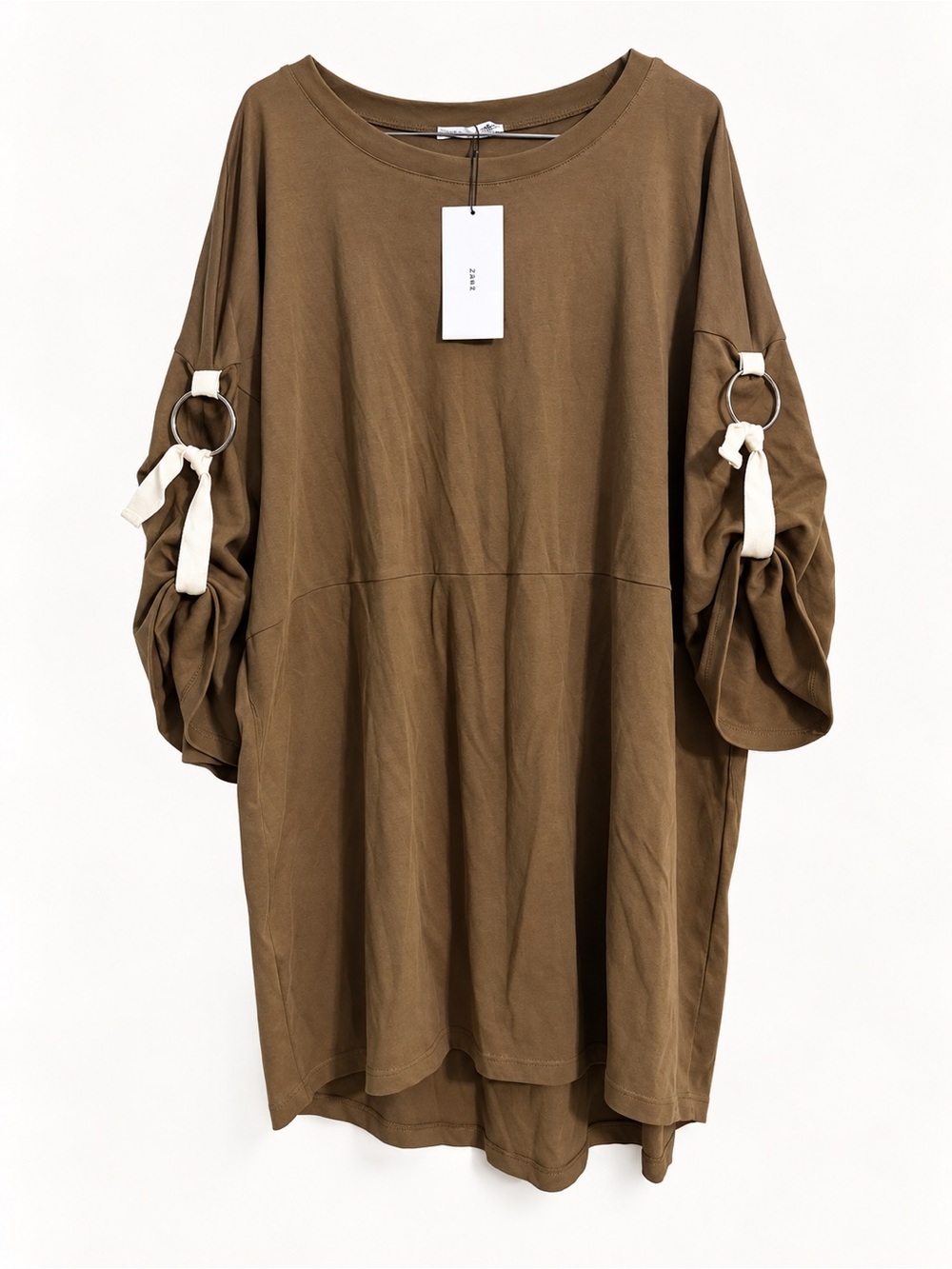 Zara Brown Cotton Oversized Tunic Dress | Ring Detail Ruched Sleeves | New With